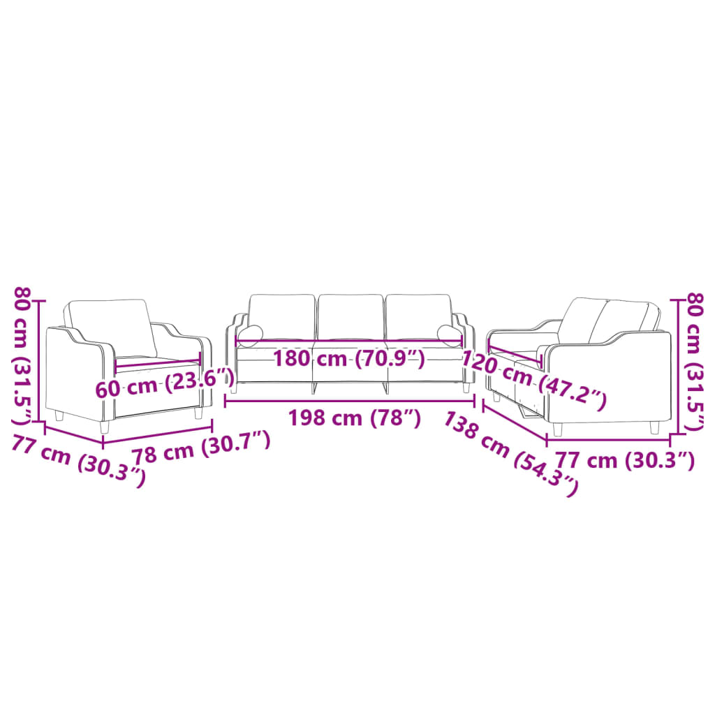3 pcs conjunto de sofás com almofadas tecido cinza-acastanhado