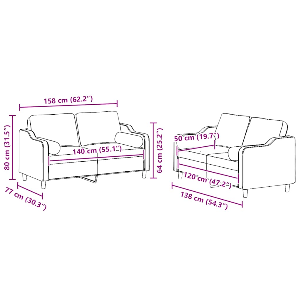 2 pcs conjunto de sofás com almofadas tecido cinzento-claro