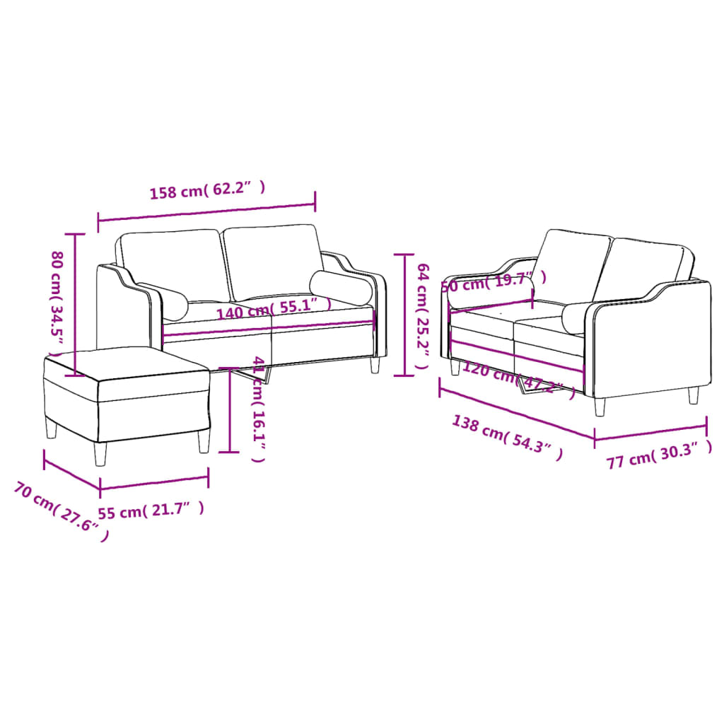 3 pcs conjunto de sofás com almofadas tecido cinzento-escuro