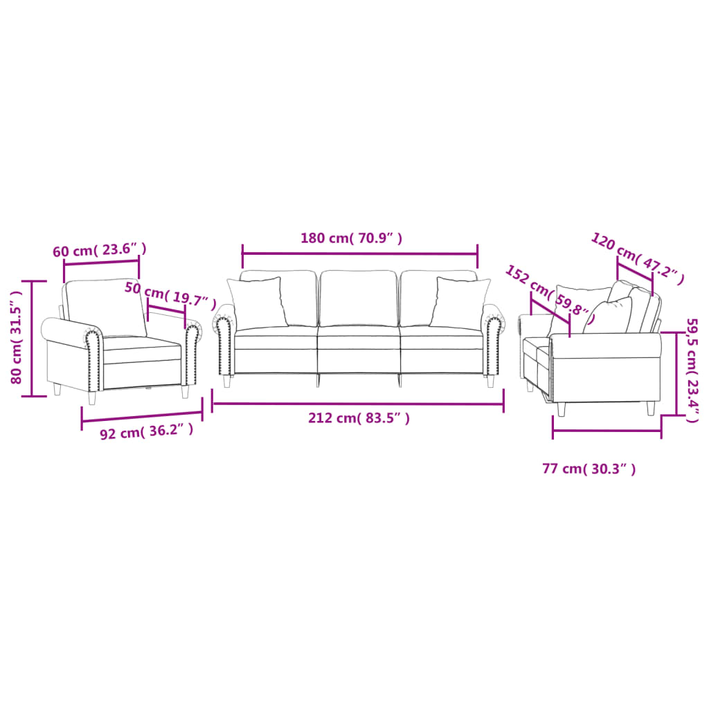 3 pcs conjunto de sofás com almofadas veludo cinzento-escuro
