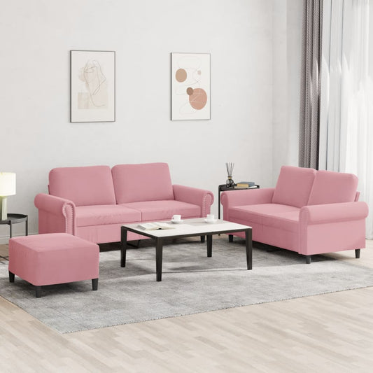 3 pcs conjunto de sofás com almofadões veludo rosa