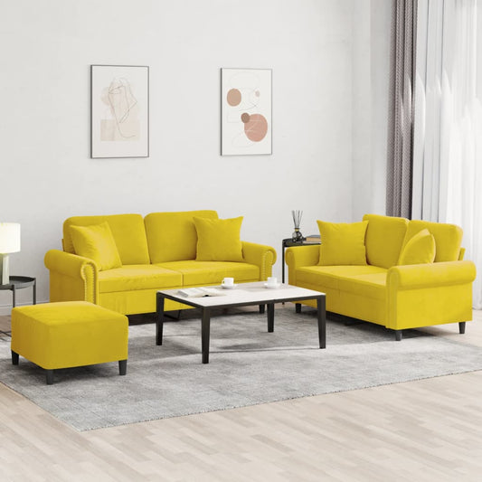 3 pcs conjunto de sofás com almofadas veludo amarelo