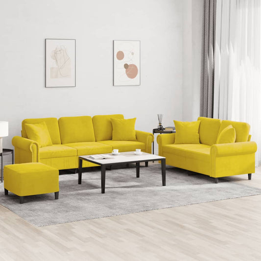 3 pcs conjunto de sofás com almofadas veludo amarelo