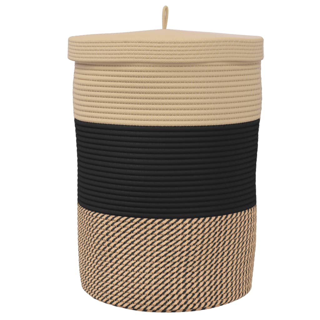 Cesto de arrumação com tampa Ø37x50 cm algodão preto e bege