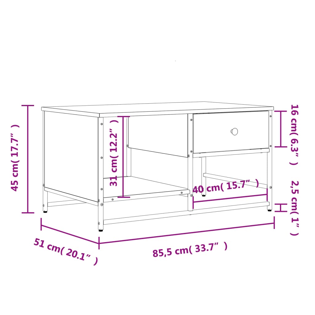 Mesa de centro 85,5x51x45 cm derivados madeira carvalho fumado