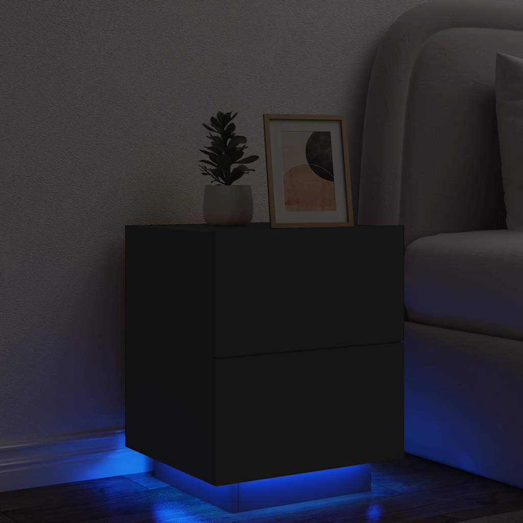 Mesa de cabeceira com luzes LED derivados de madeira preto