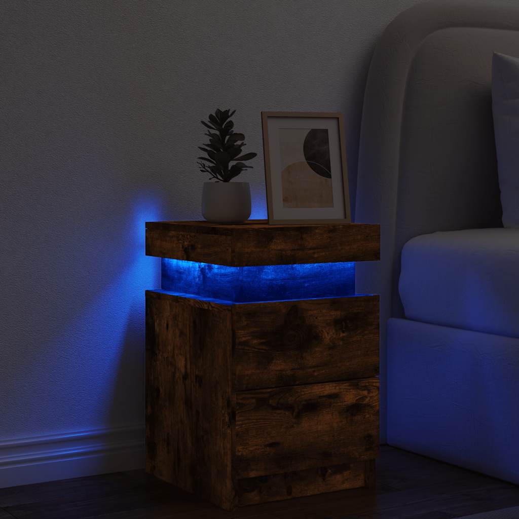 Mesa de cabeceira com luzes LED 35x39x55 cm carvalho fumado