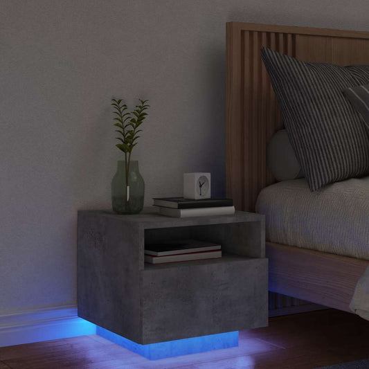 Mesa de cabeceira com luzes LED 40x39x37 cm cinzento-cimento