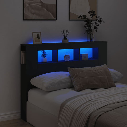 Cabeceira cama c/ LEDs 140x18,5x103,5 cm deriv. madeira preto