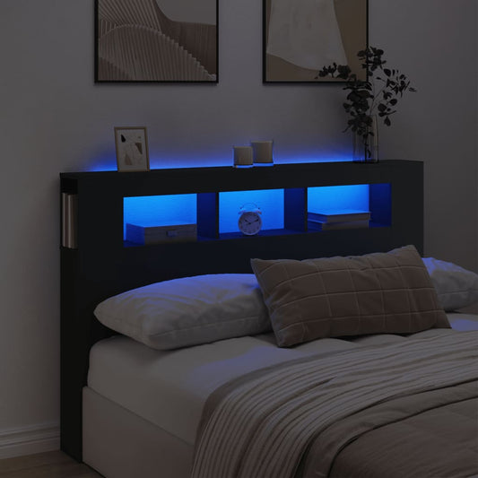 Cabeceira cama c/ LEDs 160x18,5x103,5 cm deriv. madeira preto