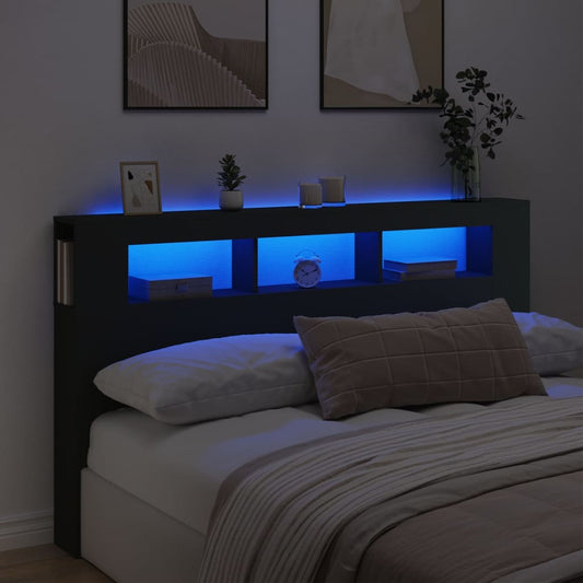 Cabeceira cama c/ LEDs 180x18,5x103,5 cm deriv. madeira preto