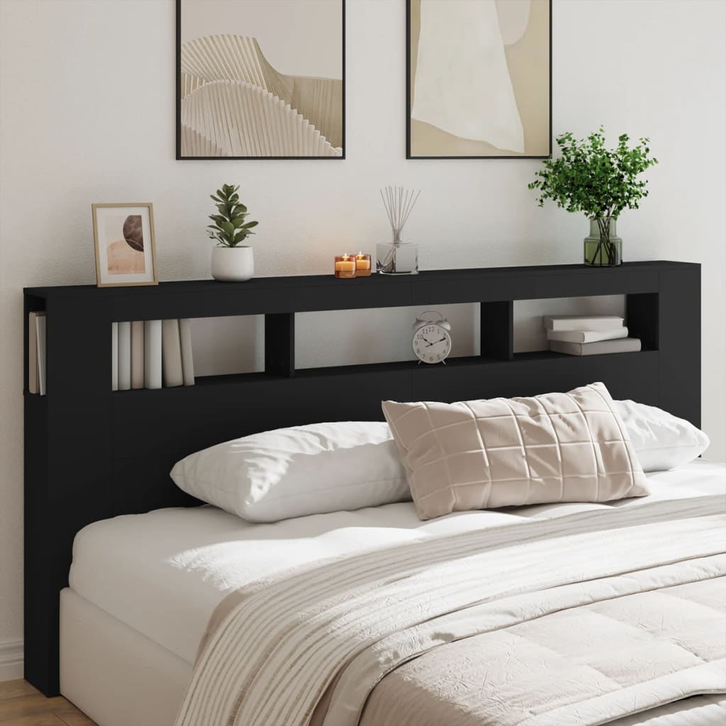Cabeceira cama c/ LEDs 220x18,5x103,5 cm deriv. madeira preto