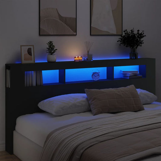 Cabeceira cama c/ LEDs 220x18,5x103,5 cm deriv. madeira preto