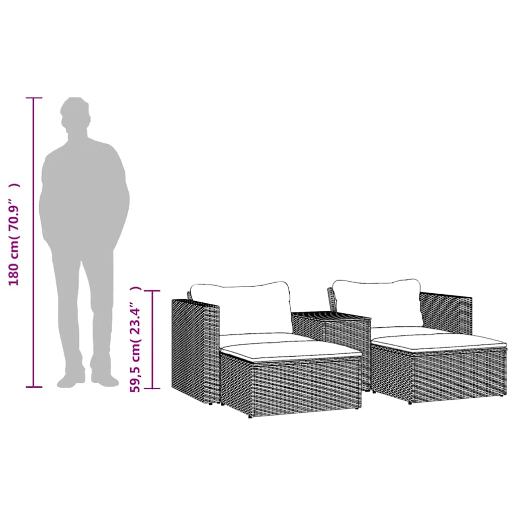 5 pcs conjunto sofás de jardim c/ almofadões acácia e vime PE