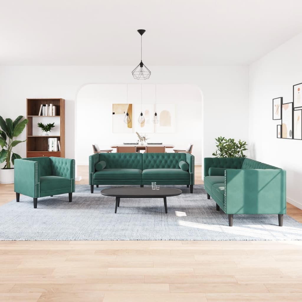 3 pcs conj. de sofás chesterfield com rolos veludo verde-escuro