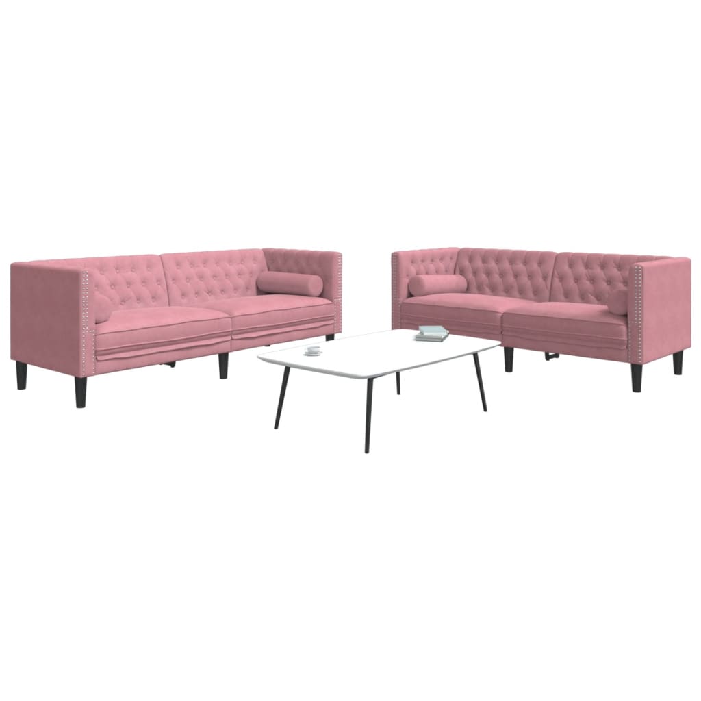 2 pcs conjunto de sofás chesterfield com rolos veludo rosa
