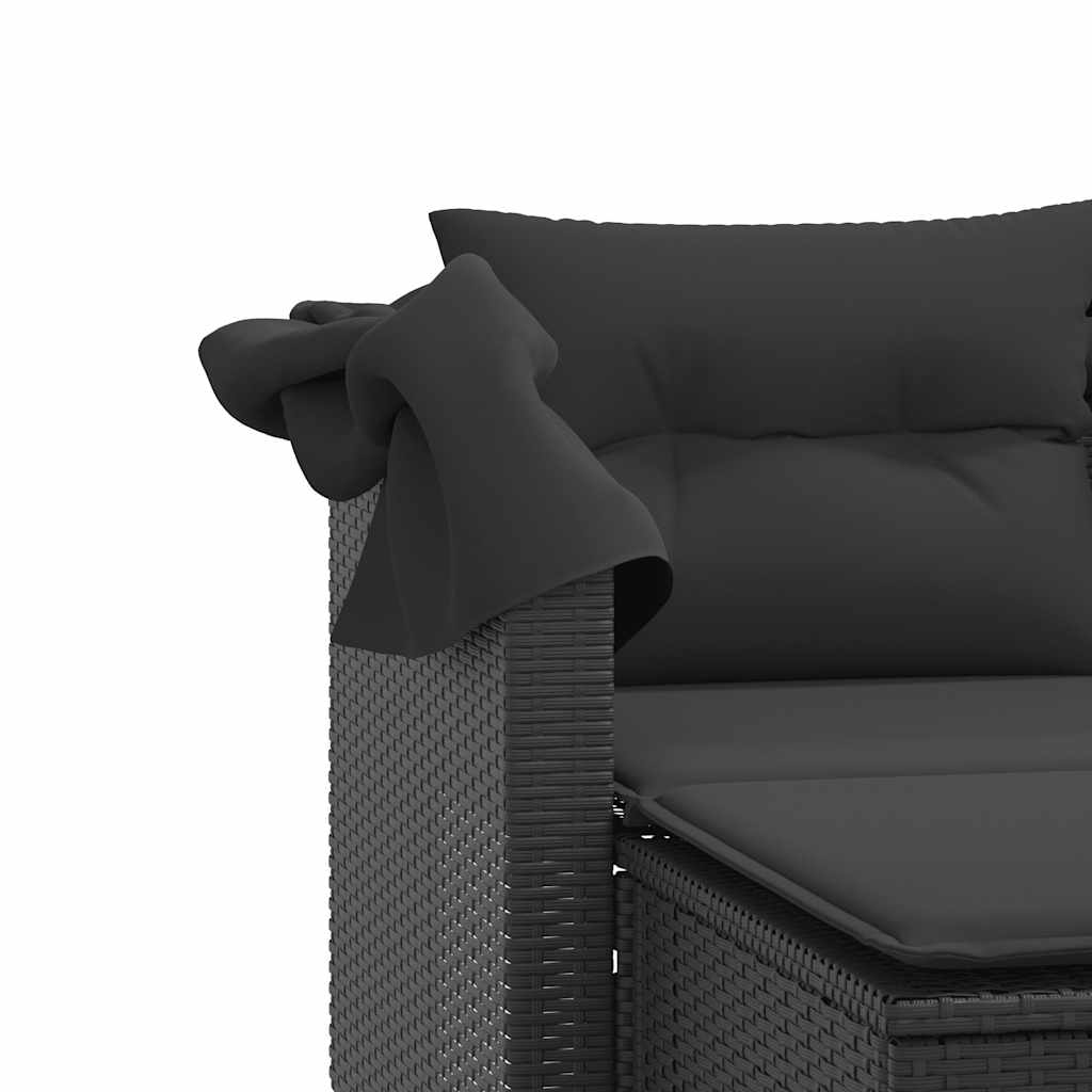 Sofá de jardim de 2 lugares com toldo e bancos vime PE preto