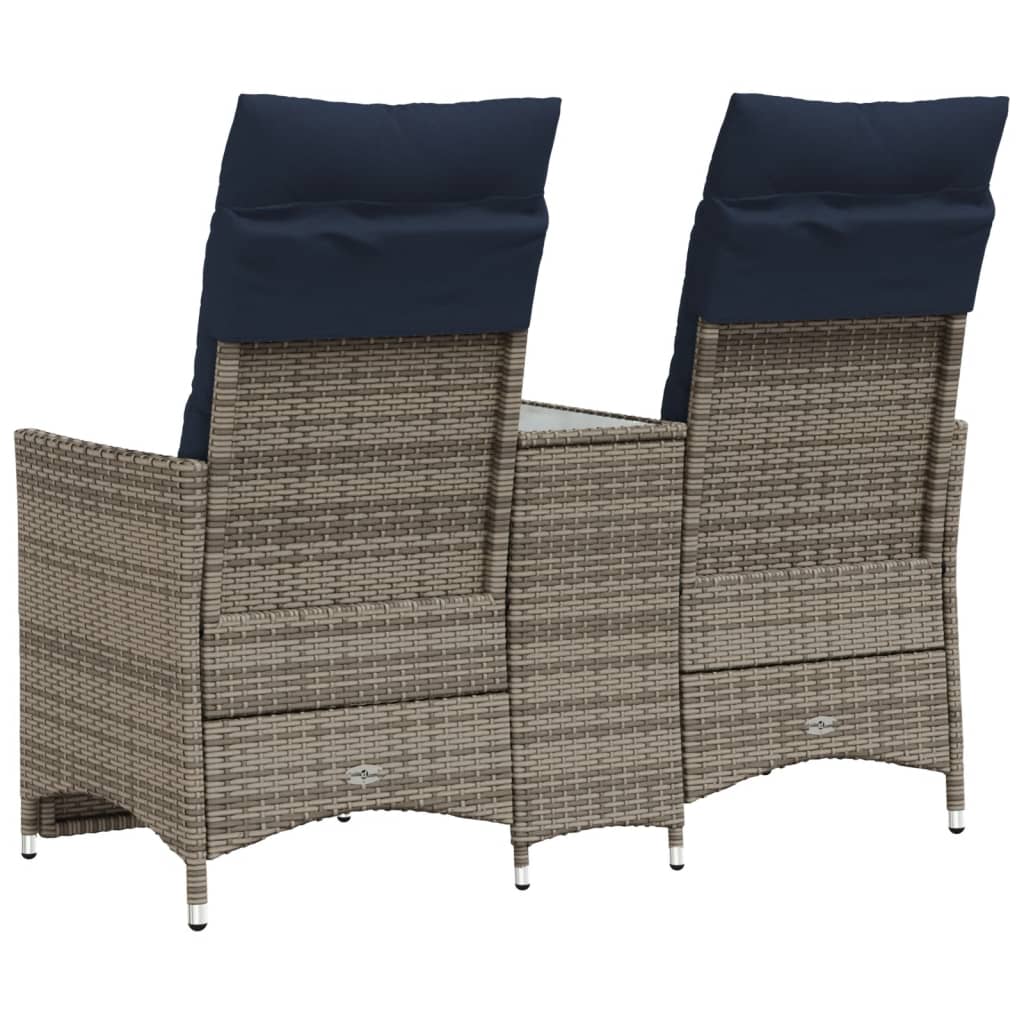 Sofá de jardim reclinável de 2 lugares com Mesa em vime sintético cinza