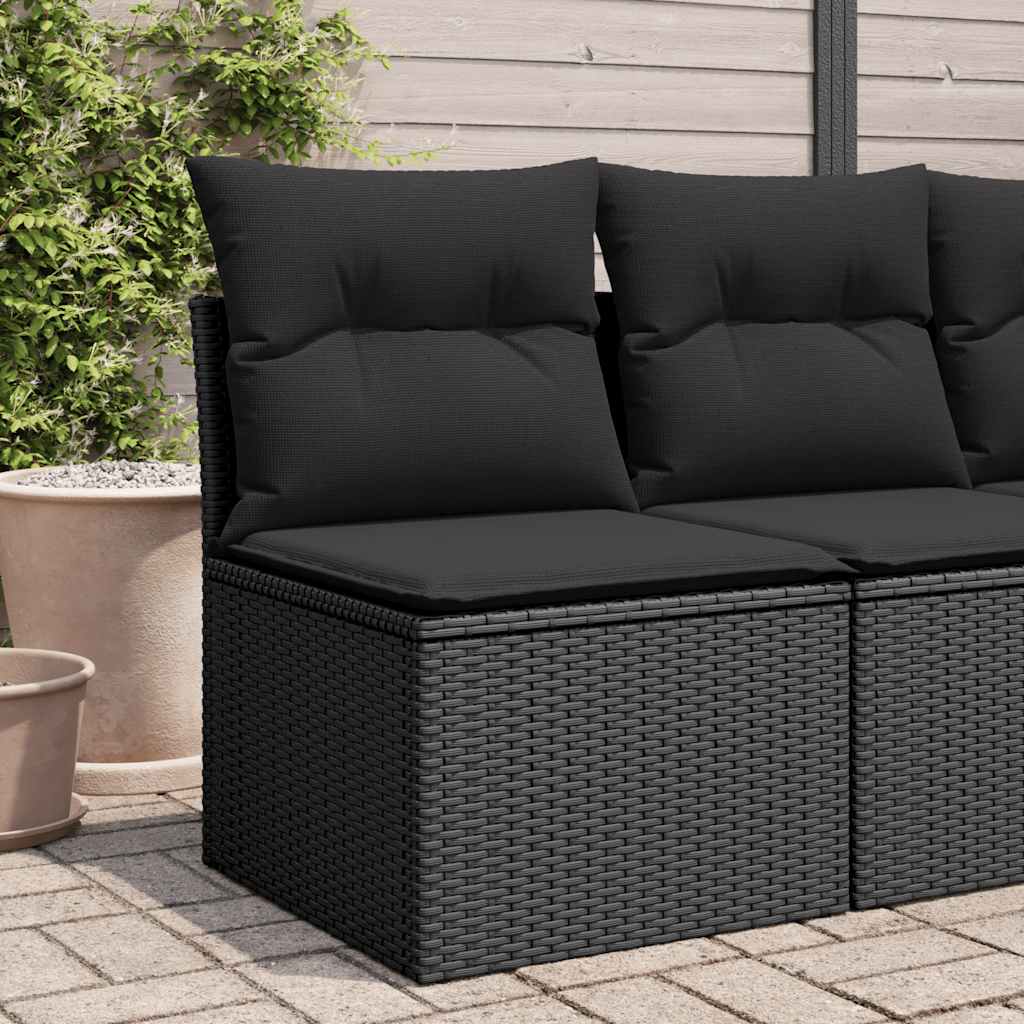 Sofá de jardim sem braços com almofadas em vime sintético preto