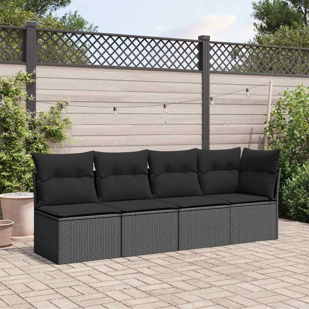 Sofá de jardim com almofadas, 4 lugares, vime sintético preto