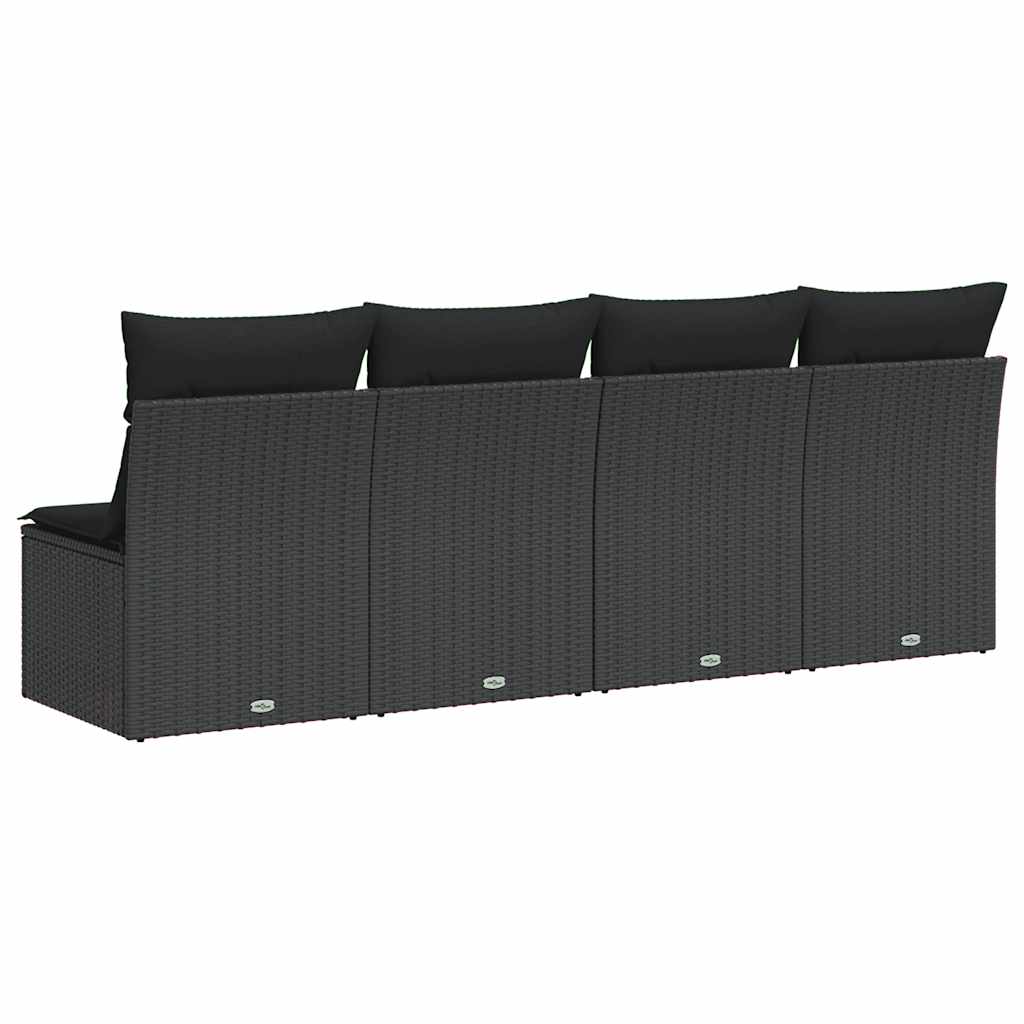 Sofá de jardim com almofadas, 4 lugares, vime sintético preto
