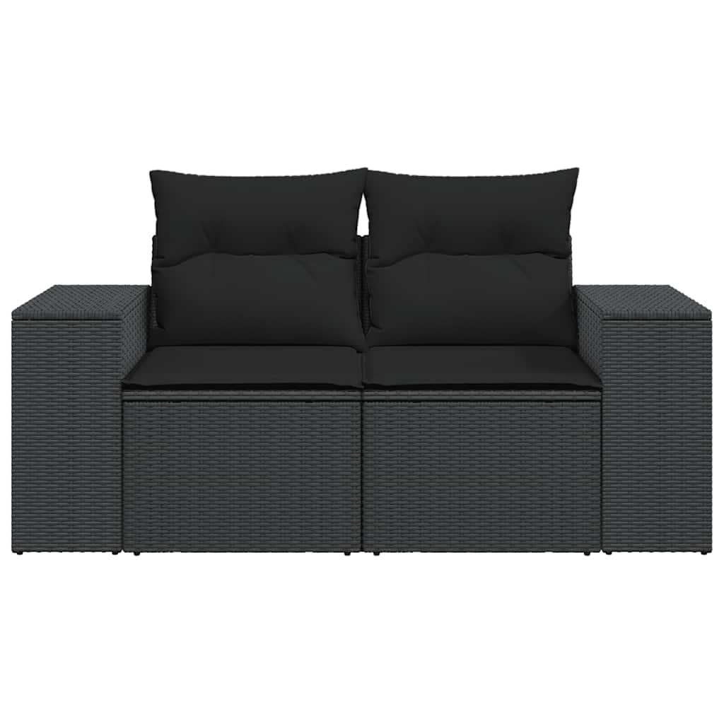Sofá de jardim com almofadas, 2 lugares, vime sintético preto