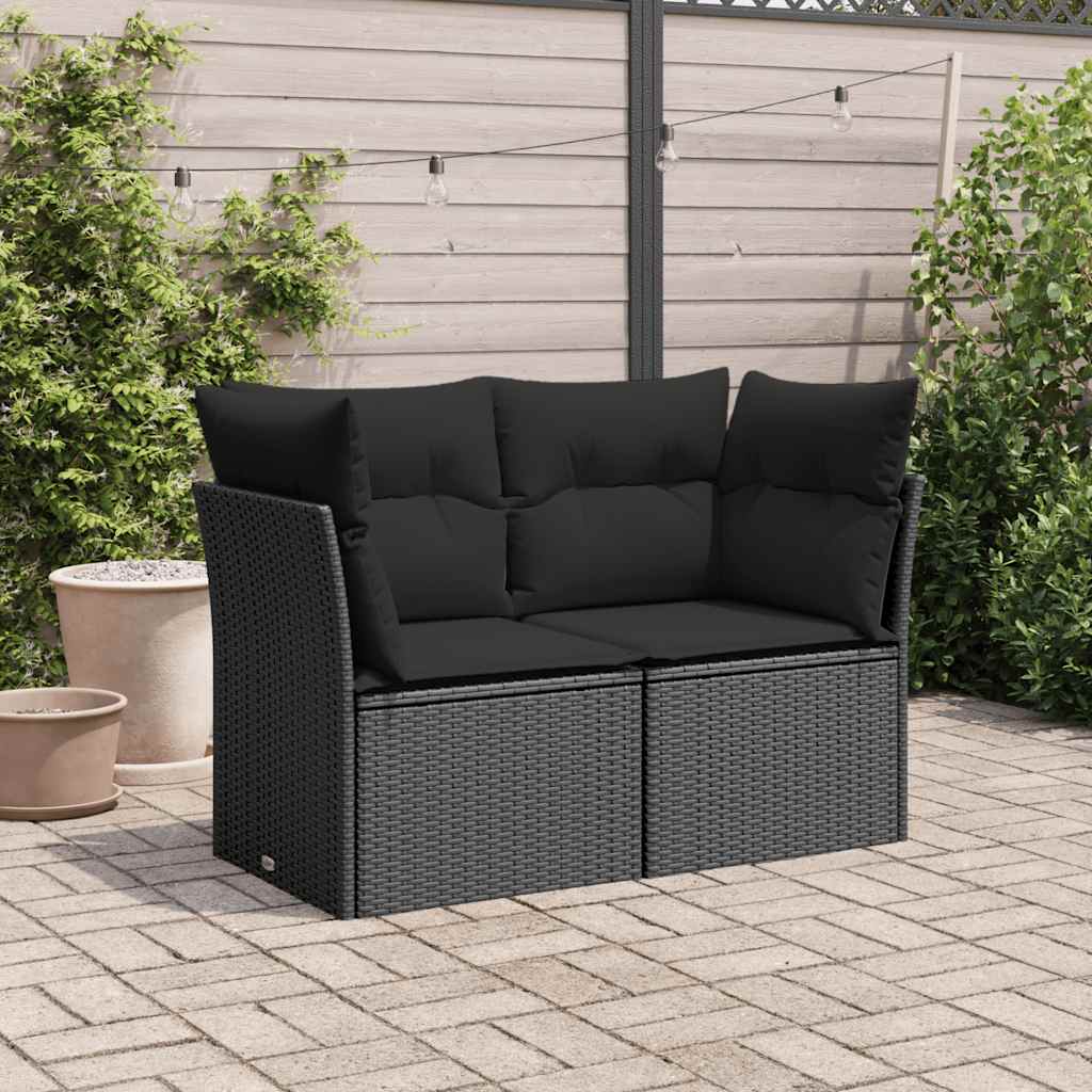 Sofá de jardim com almofadas, 2 lugares, vime sintético preto