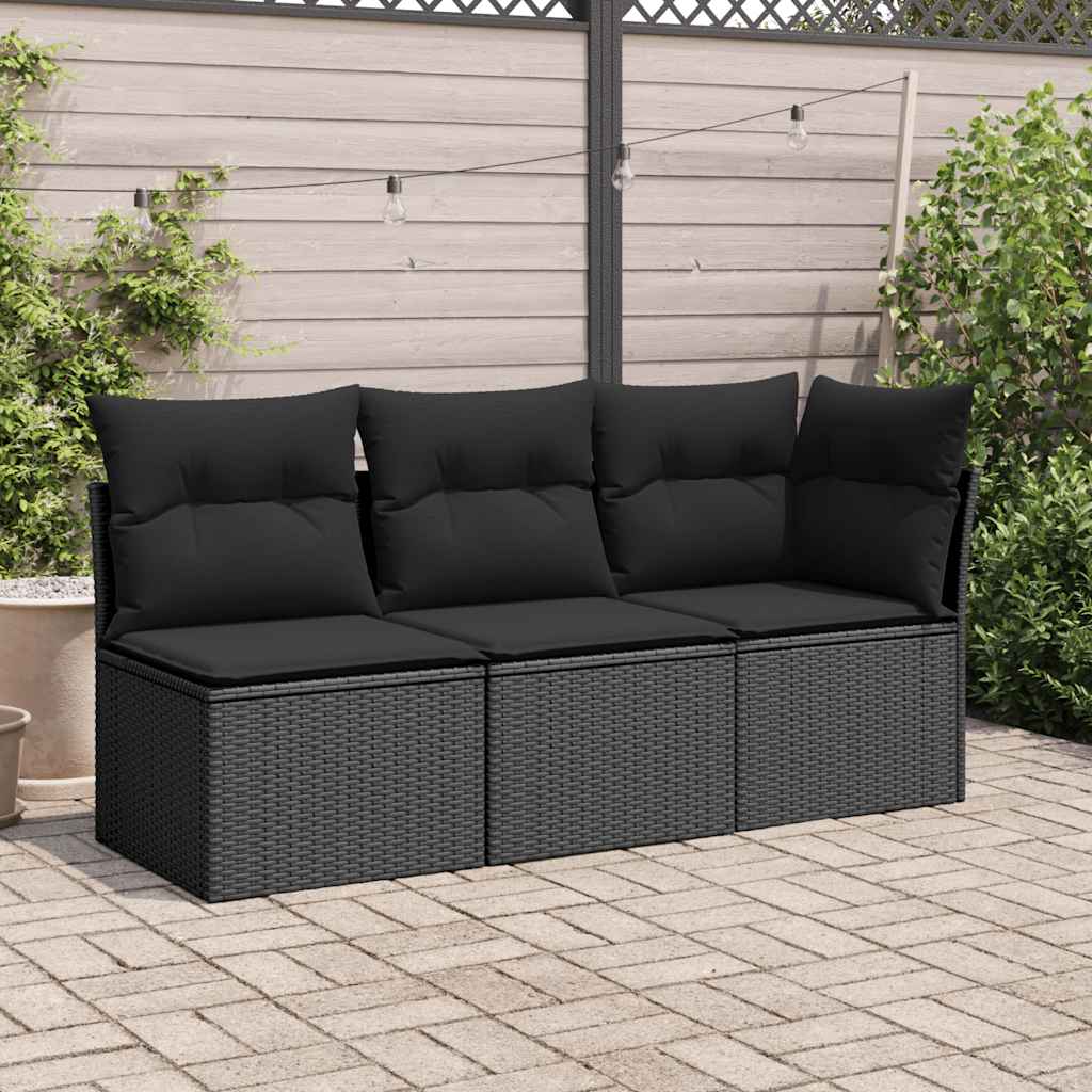Sofá de jardim com almofadas, 3 lugares, vime sintético preto