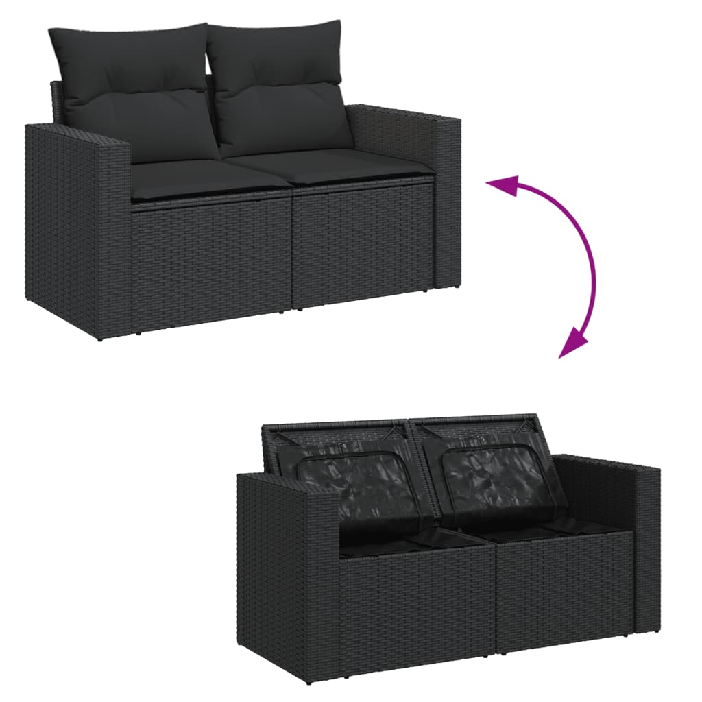 Sofá de jardim com almofadas, 2 lugares, vime sintético preto