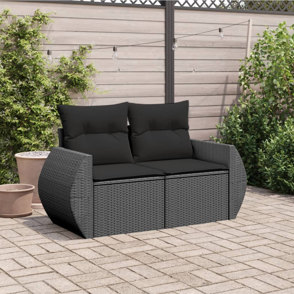 Sofá de jardim com almofadas, 2 lugares, vime sintético preto