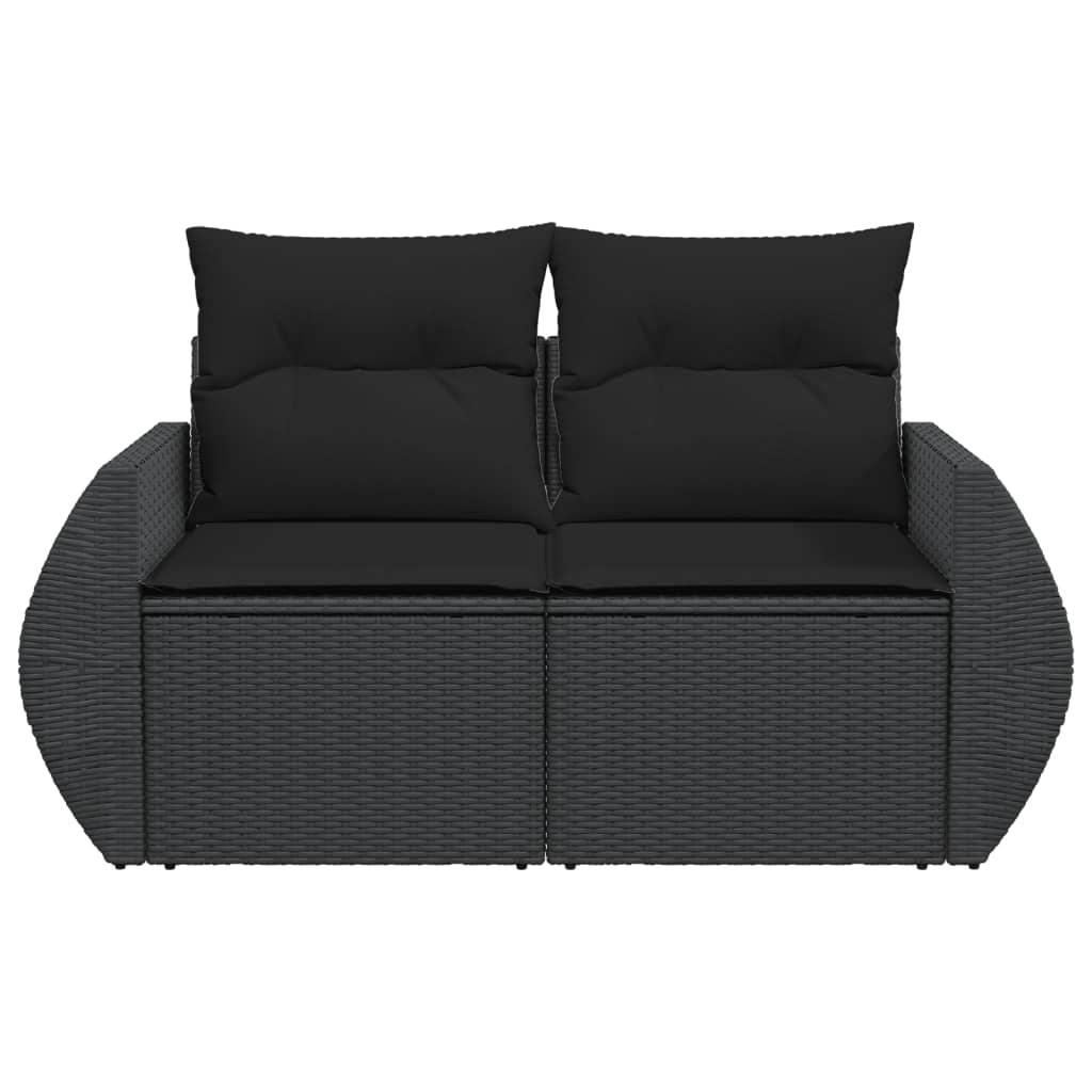 Sofá de jardim com almofadas, 2 lugares, vime sintético preto