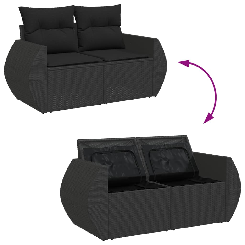 Sofá de jardim com almofadas, 2 lugares, vime sintético preto
