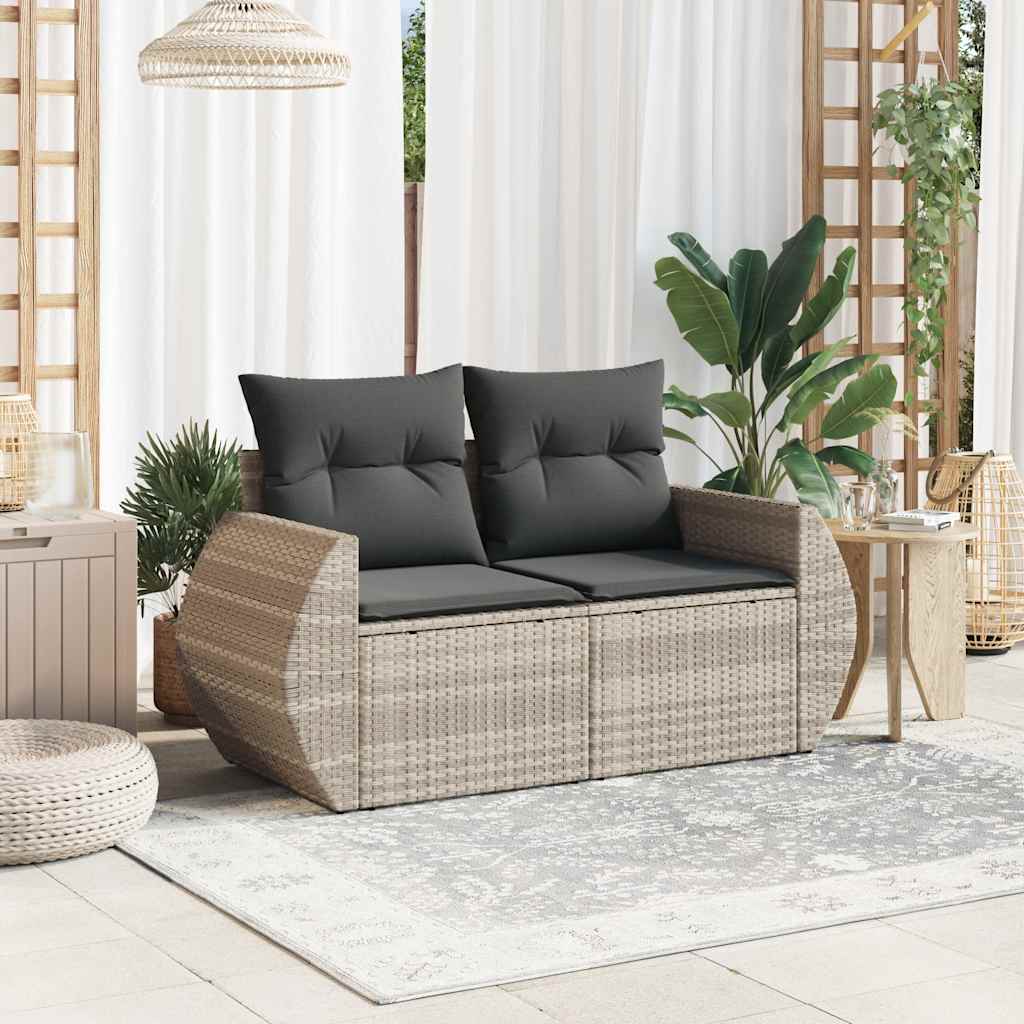Sofá jardim de 2 lugares com almofadões vime PE cinzento claro