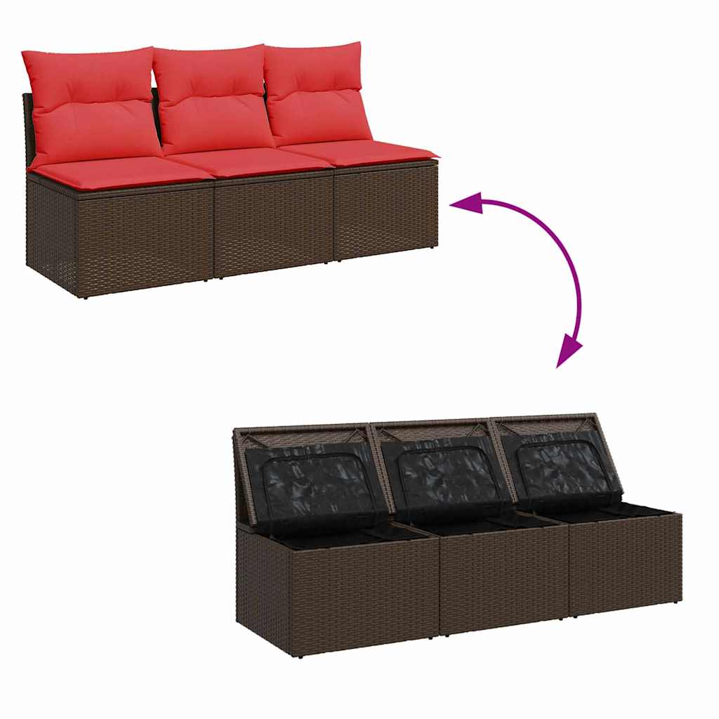 Sofá de jardim com almofadas, 3 lugares, vime sintético marrom