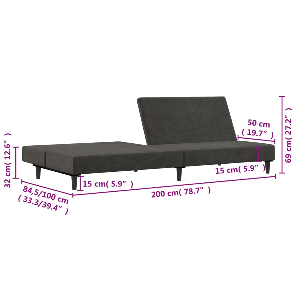 Sofá-cama de 2 lugares veludo cinzento-escuro