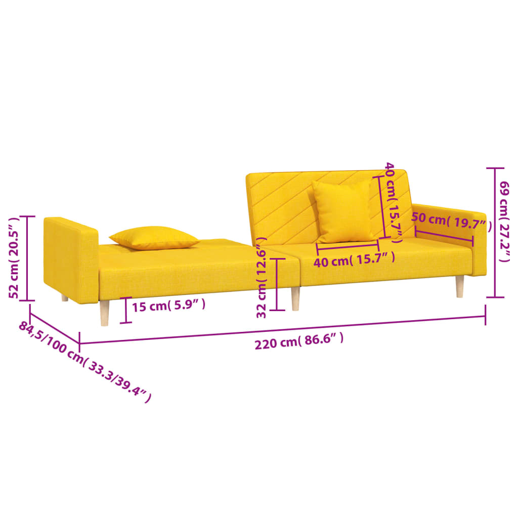 Sofá-cama 2 lugares com duas almofadas tecido amarelo