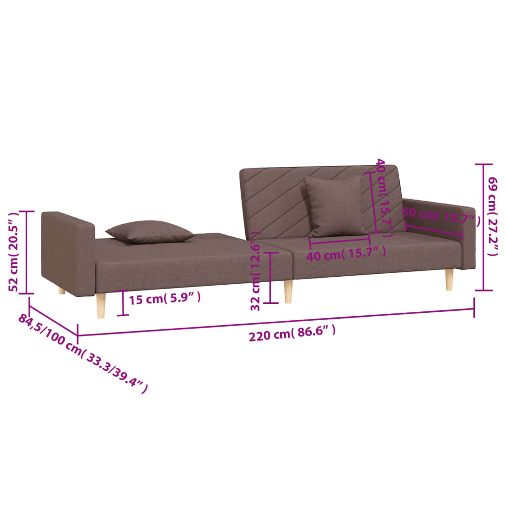 Sofá-cama 2 lugares c/ duas almofadas tecido cinza-acastanhado