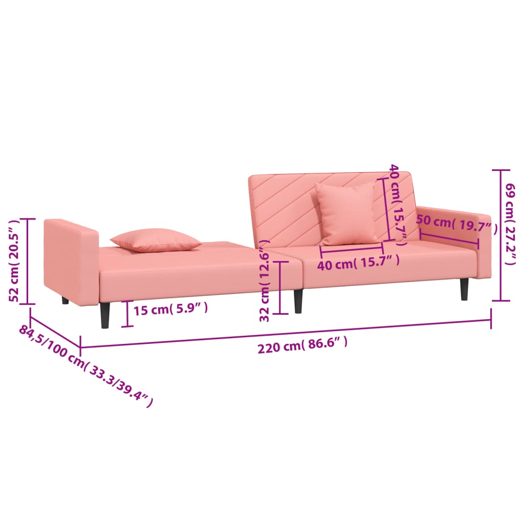 Sofá-cama 2 lugares com duas almofadas veludo rosa