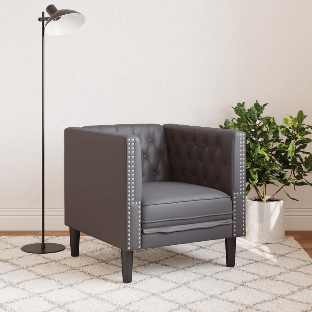 Sofá chesterfield couro artificial cinzento