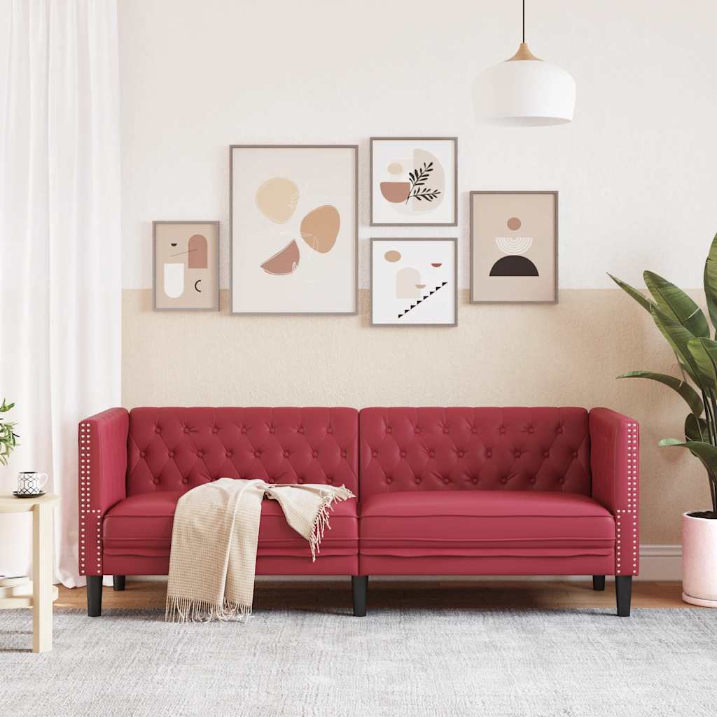 Sofá chesterfield 3 lugares couro artificial vermelho tinto