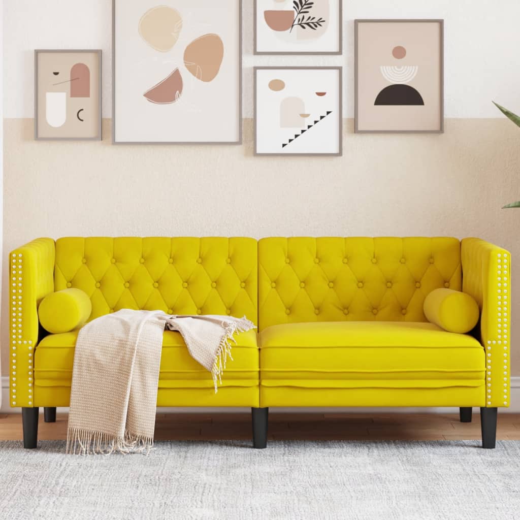 Sofá chesterfield com rolos 2 lugares veludo amarelo