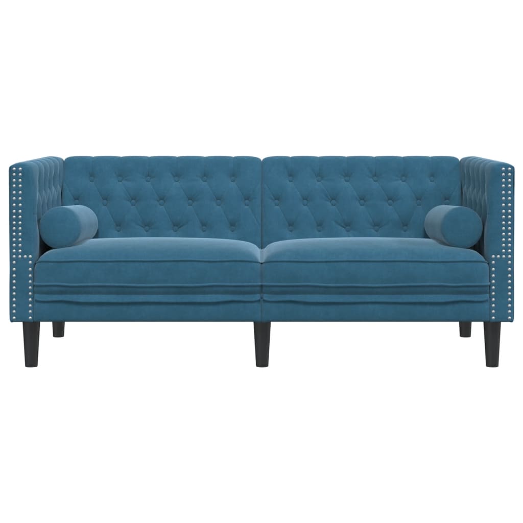 Sofá chesterfield com rolos 2 lugares veludo azul