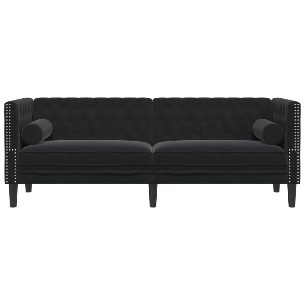 Sofá chesterfield com rolos 3 lugares veludo preto