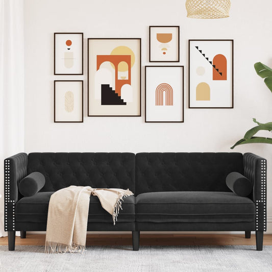 Sofá chesterfield com rolos 3 lugares veludo preto