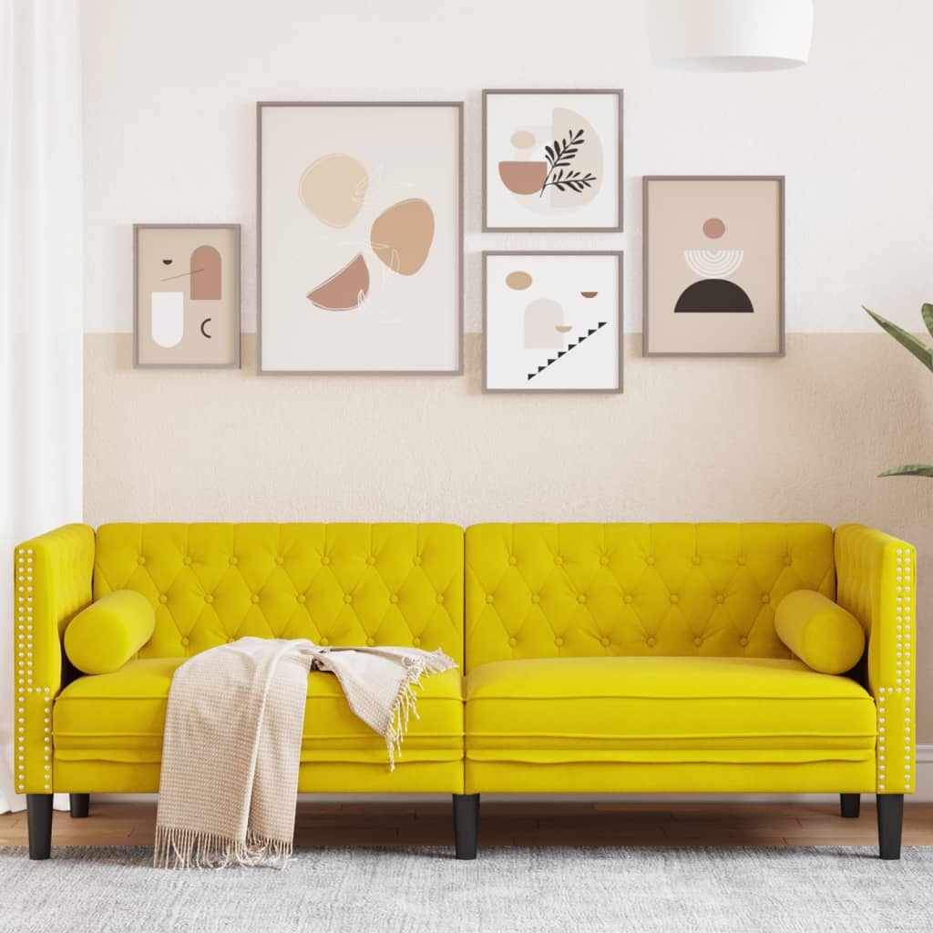 Sofá chesterfield com rolos 3 lugares veludo amarelo