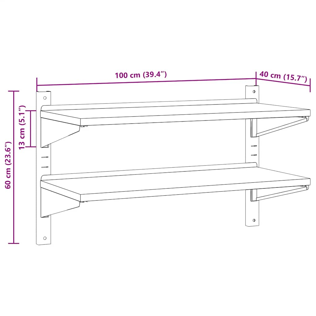 Estante parede 2 prateleiras 100x40x60 cm aço inoxidável prata