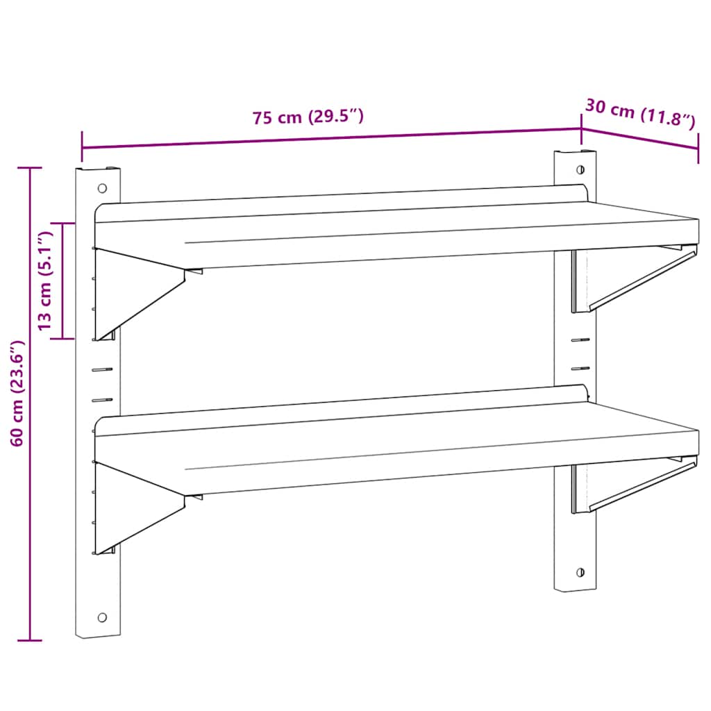 Estante parede 2 prateleiras 75x30x60 cm aço inoxidável prata