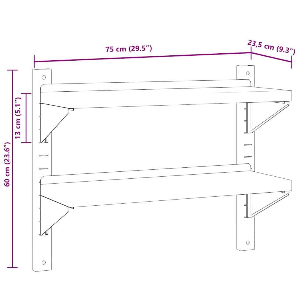 Estante parede 2 prateleiras 75x23,5x60 cm aço inoxidável prata