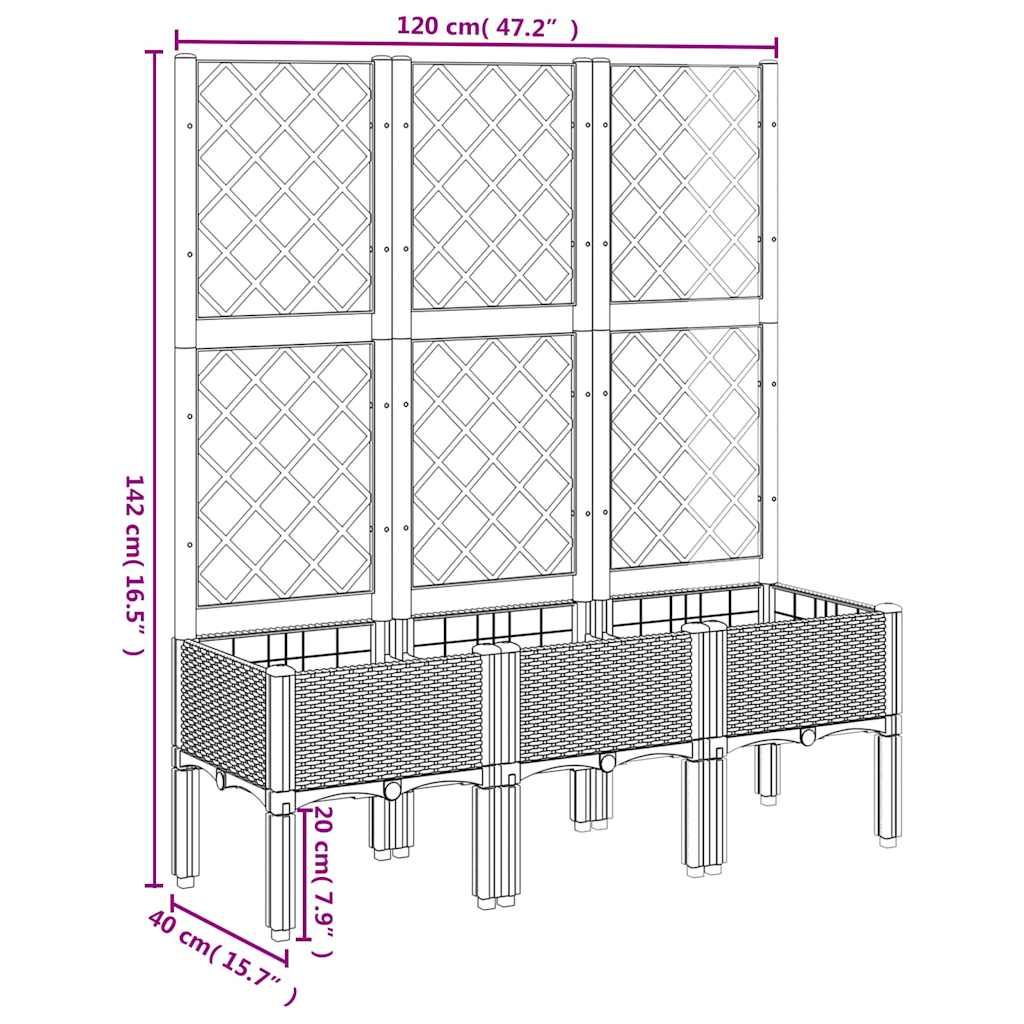 Vaso/floreira de jardim c/ treliça 120x40x142 cm PP cinzento azul
