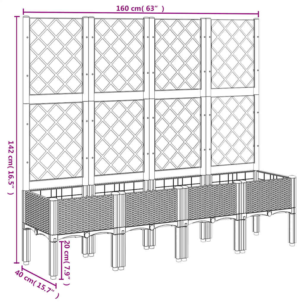Vaso/floreira de jardim c/ treliça 160x40x142 cm PP cinzento azul